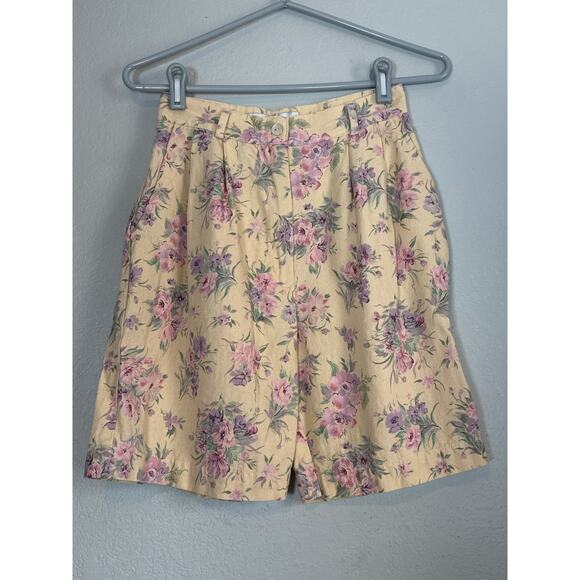 Vintage Cottagecore Floral Linen Mom Shorts 7 Inch Inseam High Rise Womens 6 - Picture 2 of 6